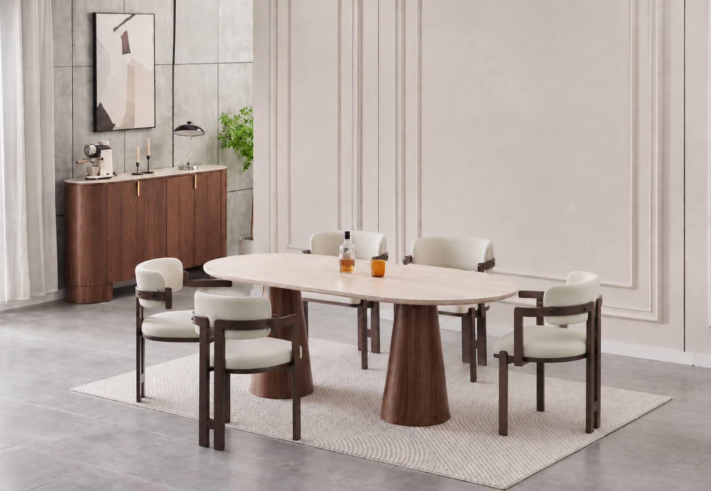 Lot table à manger Iconic 180x90cm effet travertin + chaises Mellow effet noyer