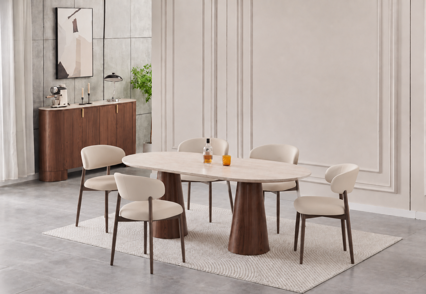 Lot table à manger Iconic 180x90cm effet travertin + chaises Lucile effet noyer
