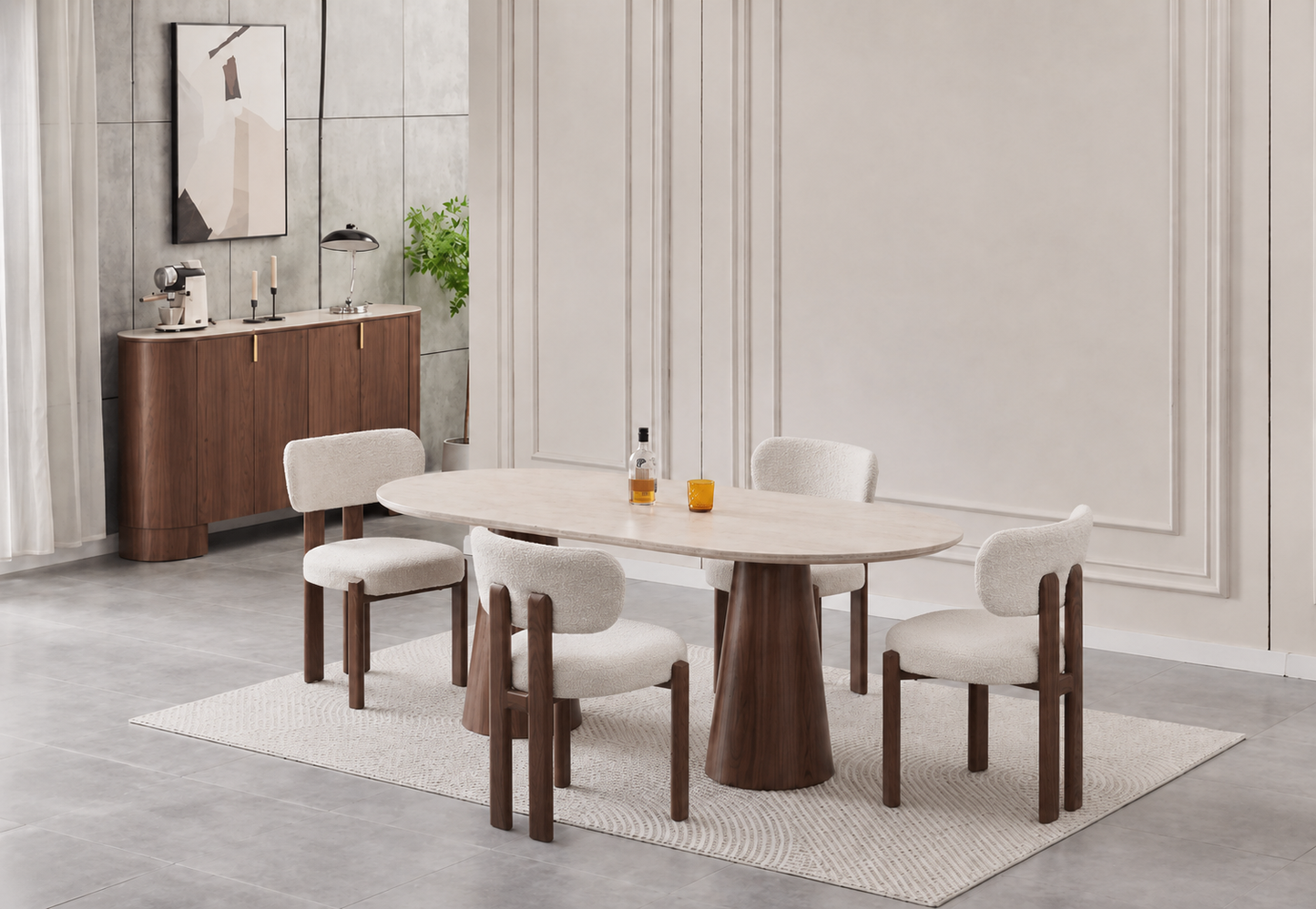 Lot table à manger Iconic 180x90cm effet travertin + chaises Hera effet noyer