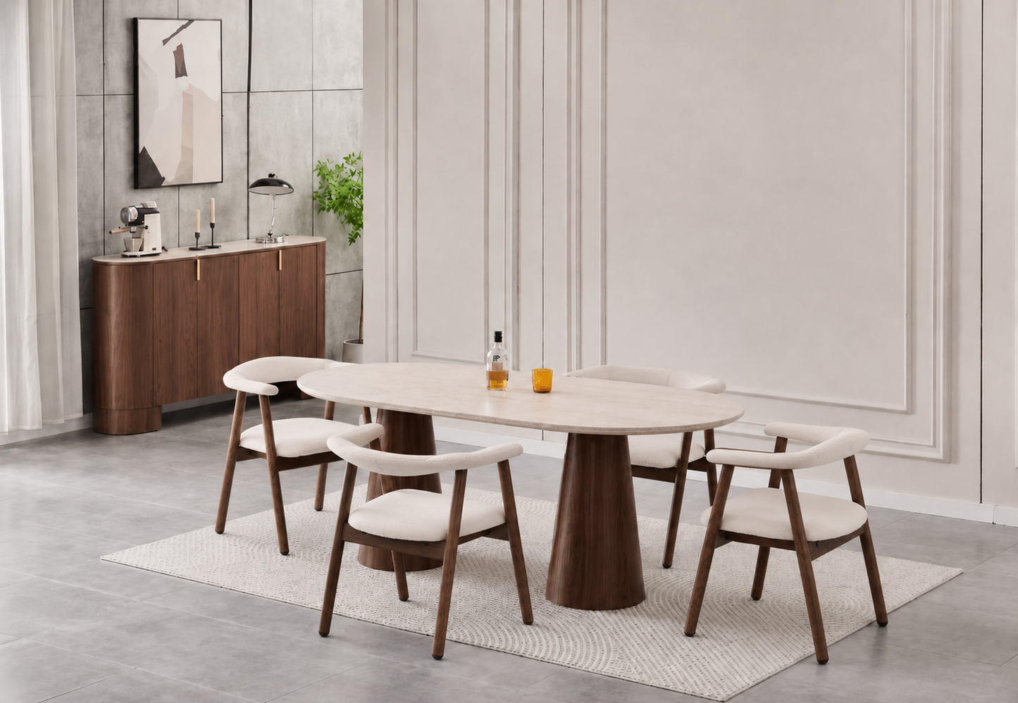 Lot table à manger Iconic 180x90cm effet travertin + chaises Berita effet noyer