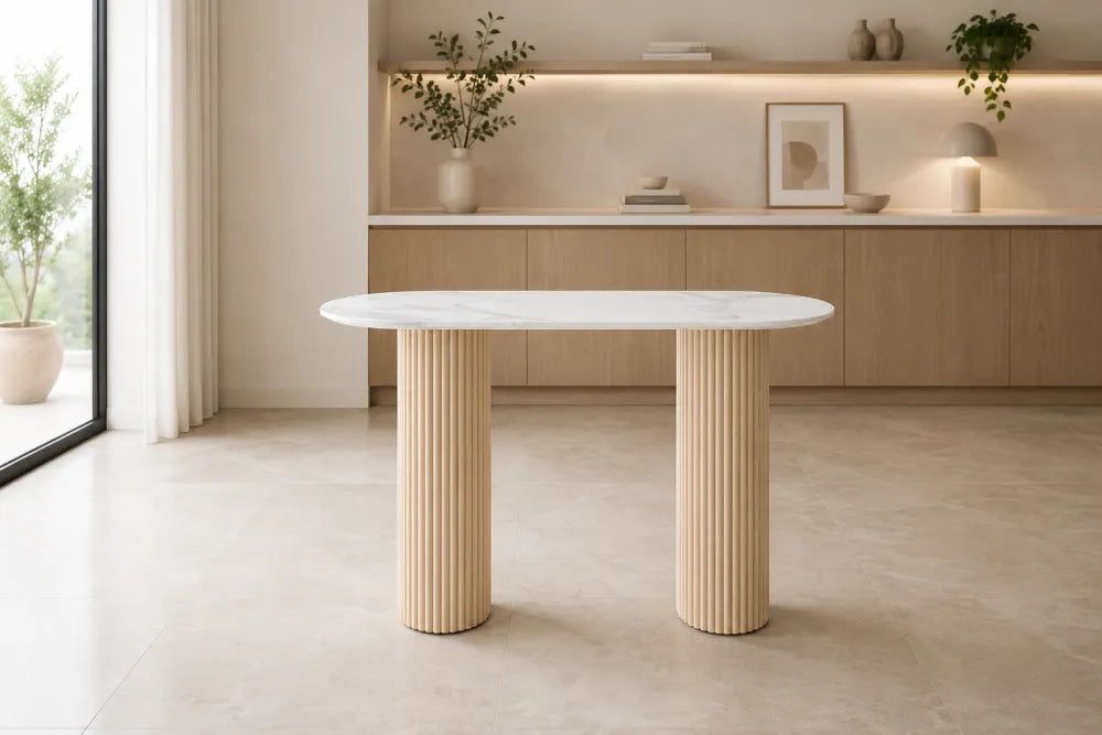 Console Roxy Pied Travertin Plateau Céramique Marbre Blanc 120X40X78Cm