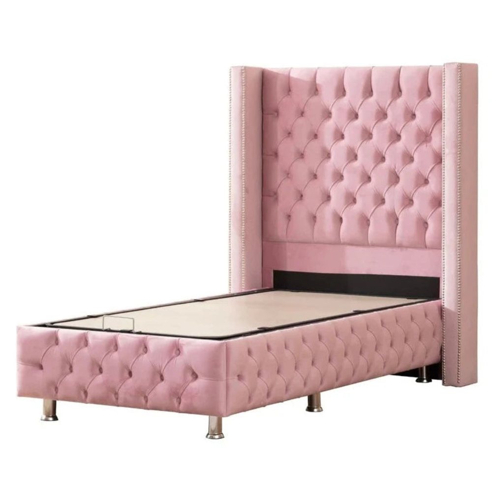 Lit Coffre Clouté Velours Rose 90x190