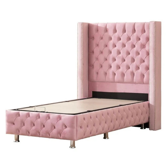 Lit coffre simple cloute velours rose