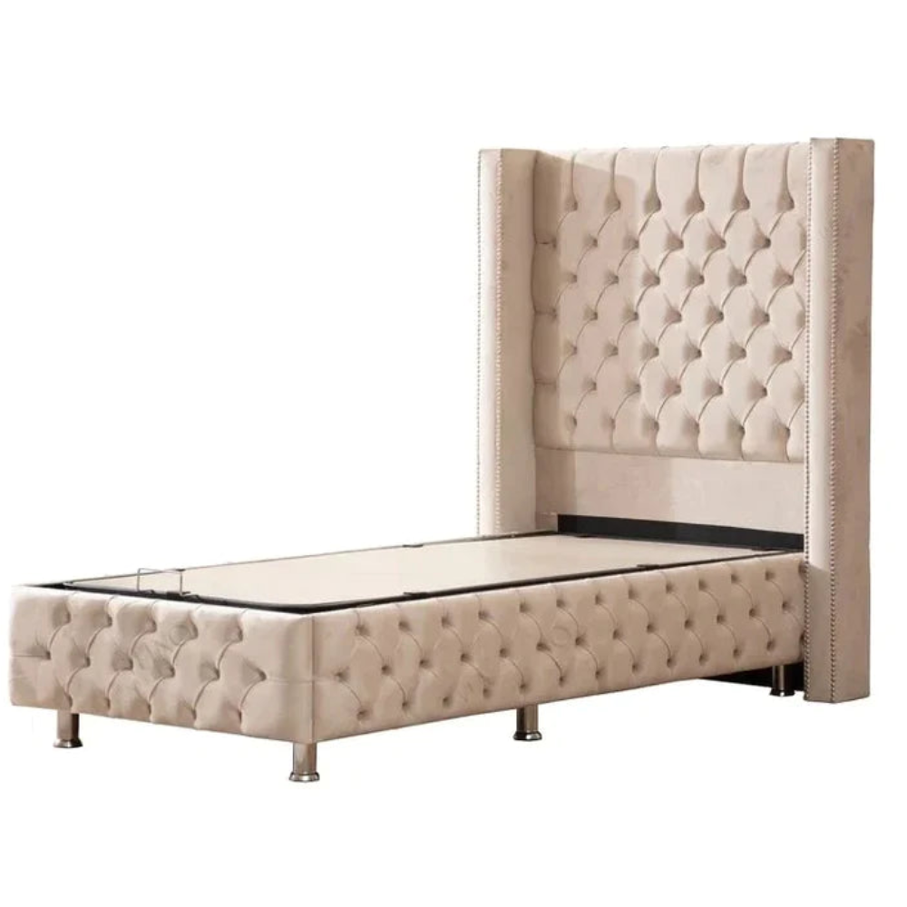 Lit Coffre Clouté Velours Beige 90x190