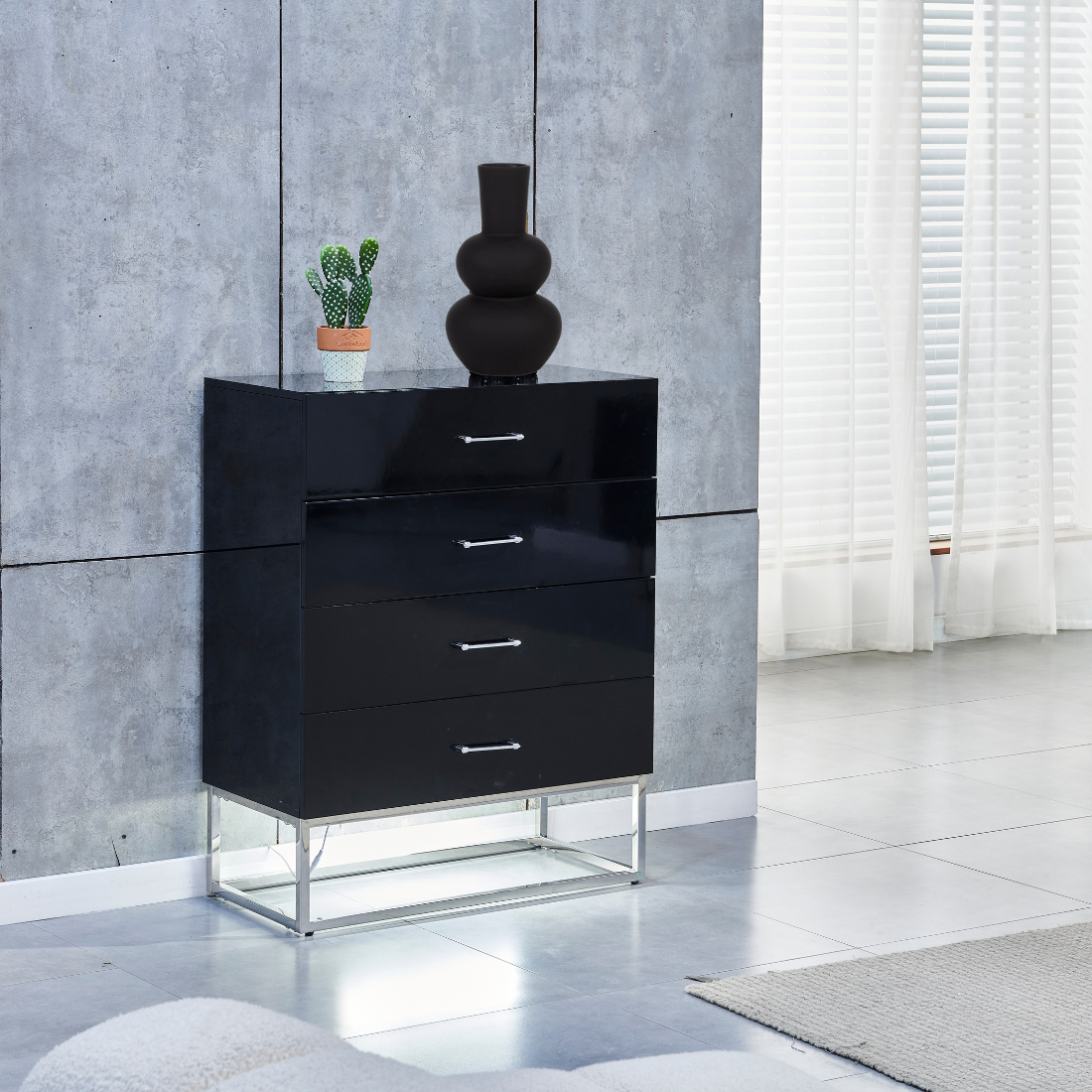 Commode Alya laque Noir pieds chrome