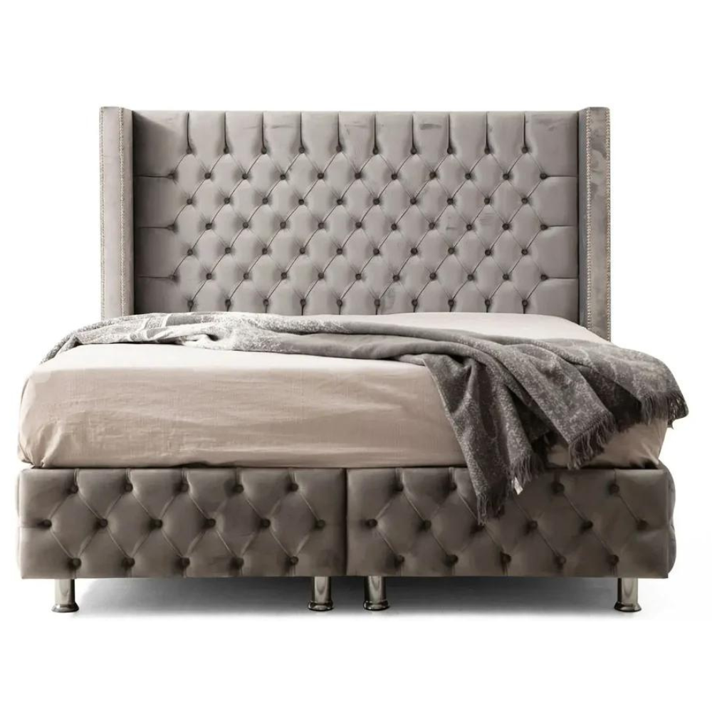 Lit Coffre Clouté Velours Gris
