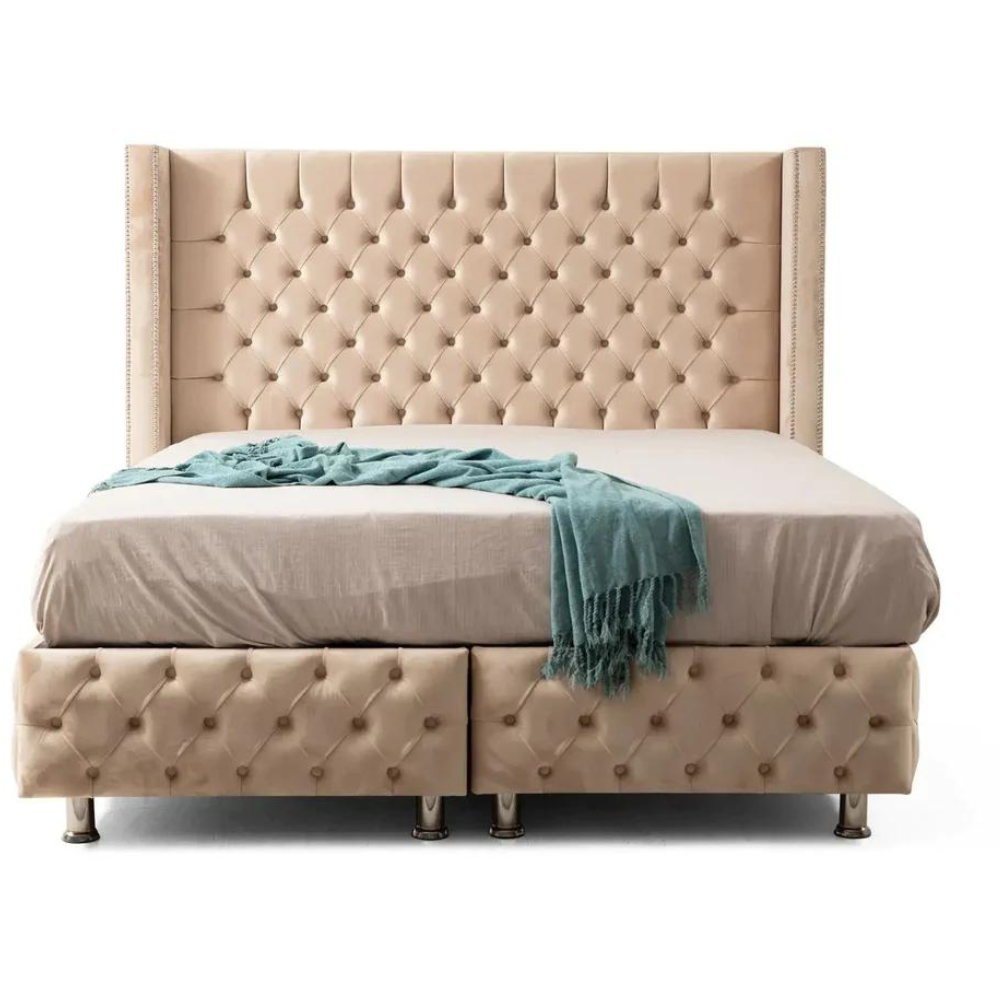 Lit Coffre Clouté Velours Beige