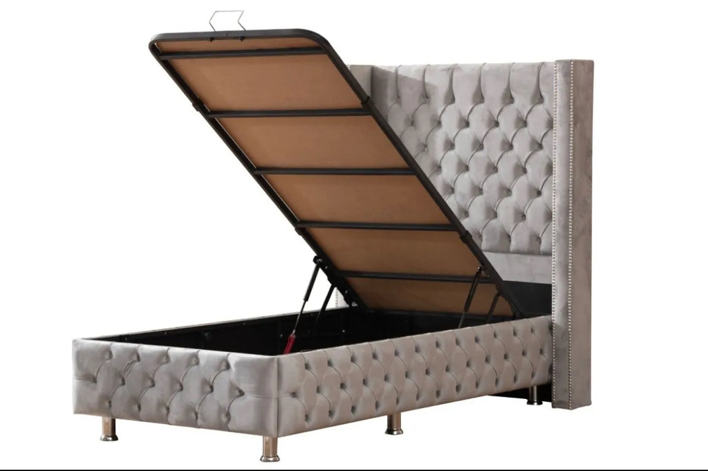 Lit Coffre Clouté Velours gris 90x190