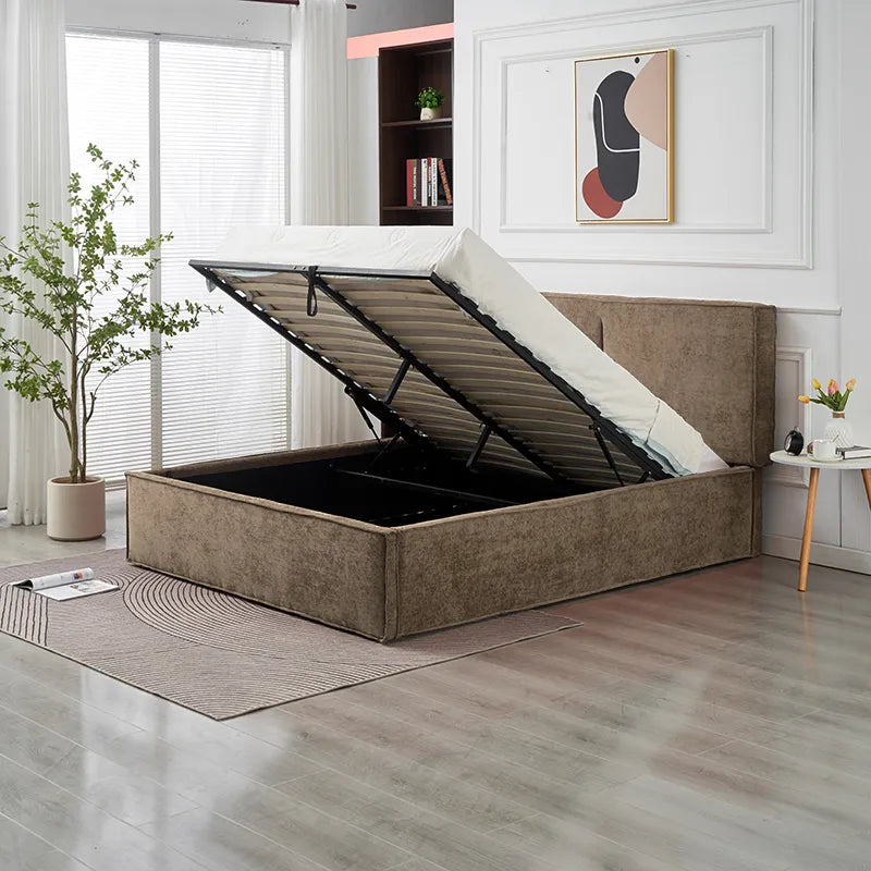 Lit coffre olivia tissu chenille moka