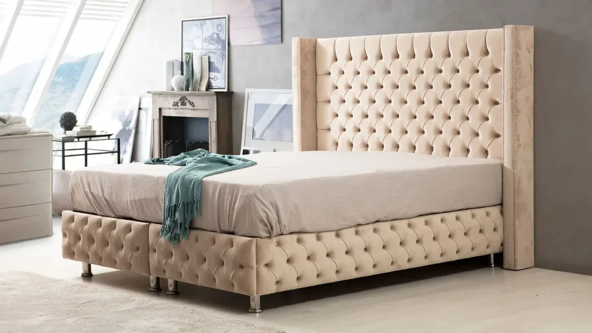 Lit Coffre Clouté Velours Beige