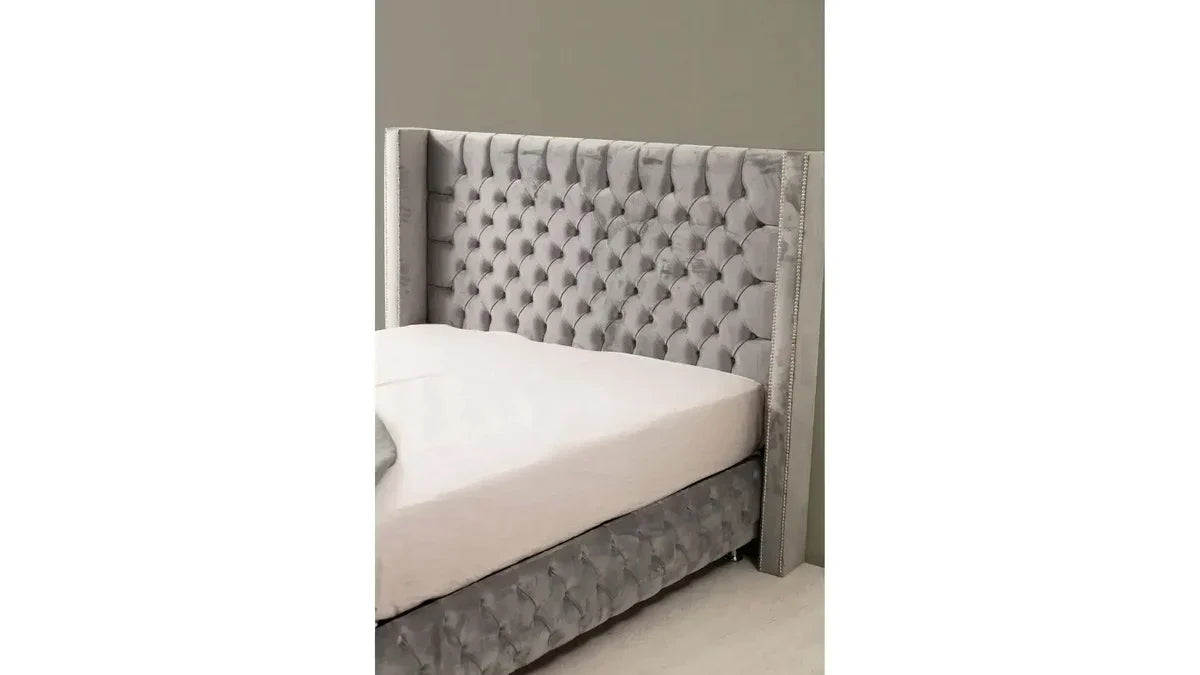 Lit Coffre Clouté Velours Gris