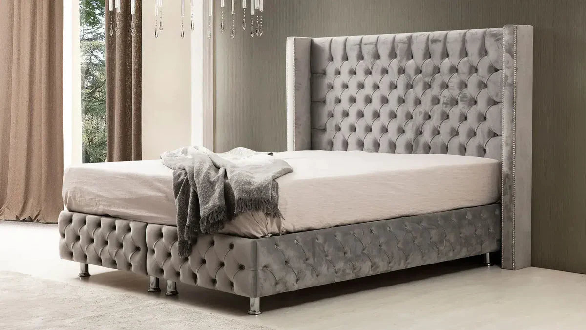 Lit Coffre Clouté Velours Gris