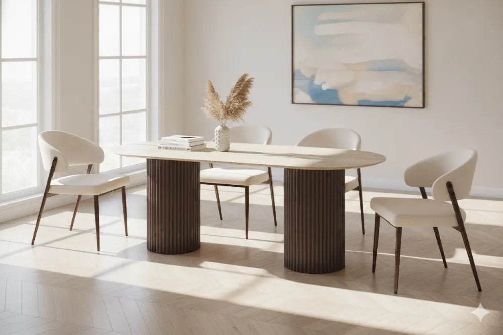Lot table à manger Keysha travertin/noyer + chaises Lamia marbella/noyer