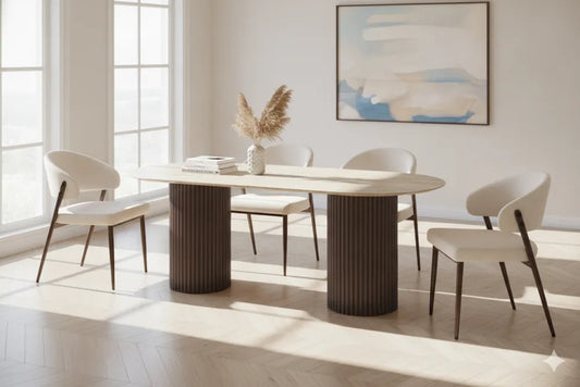 Lot table à manger Keysha travertin/noyer + chaises Lamia marbella/noyer