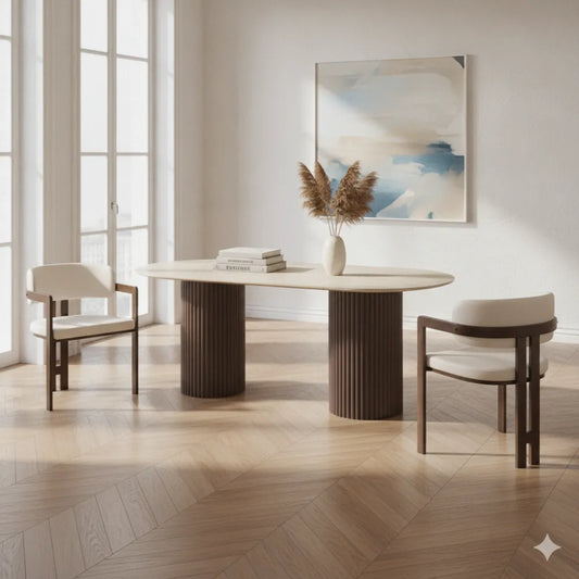 Table à manger Keysha travertin/noyer + chaises Mellow chenille/ noyer