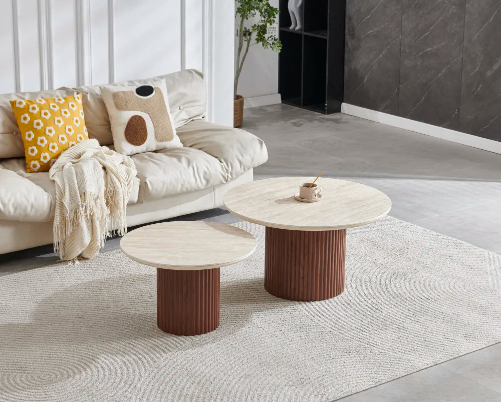 Table basse Gigogne duo pila céramique noyer travertin 60-80cm
