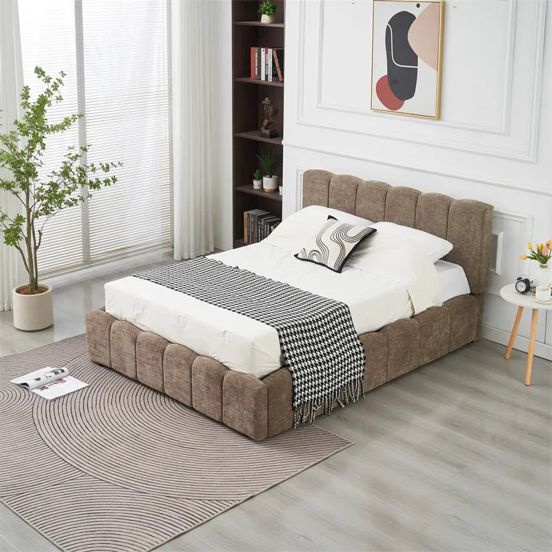 Lit coffre Moon tissu chenille Moka
