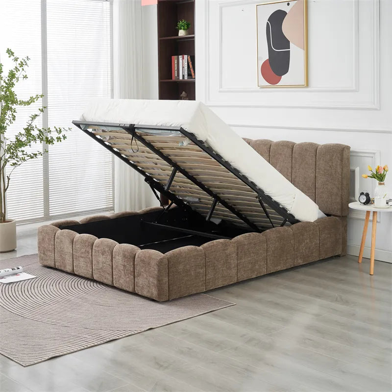 Lit coffre Moon tissu chenille Moka