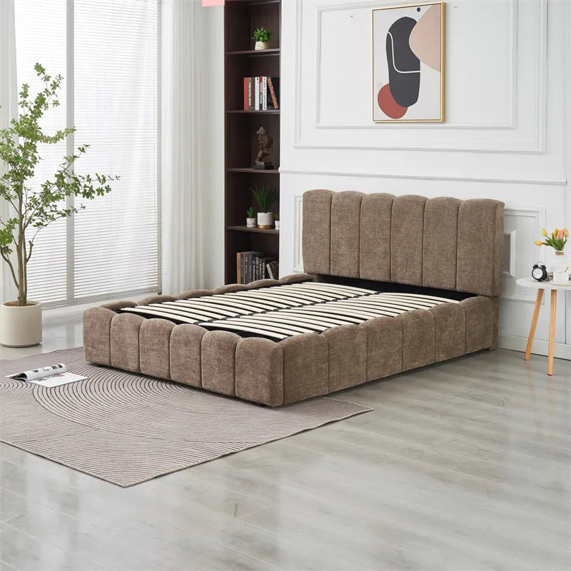 Lit coffre Moon tissu chenille Moka