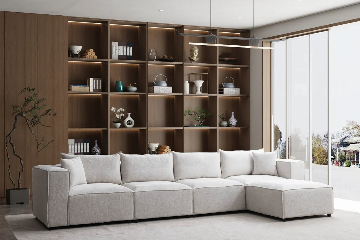 Canapé Elégance Chenille Modulable blanc cassé 4+1 Pouf