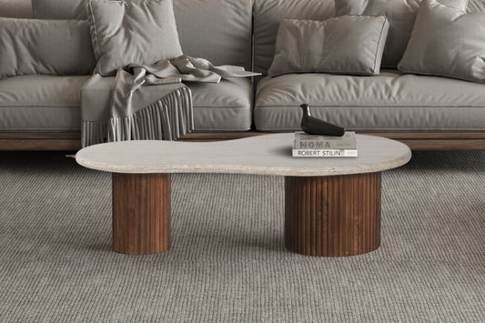 Table basse Marlon travertin, bois de manguier