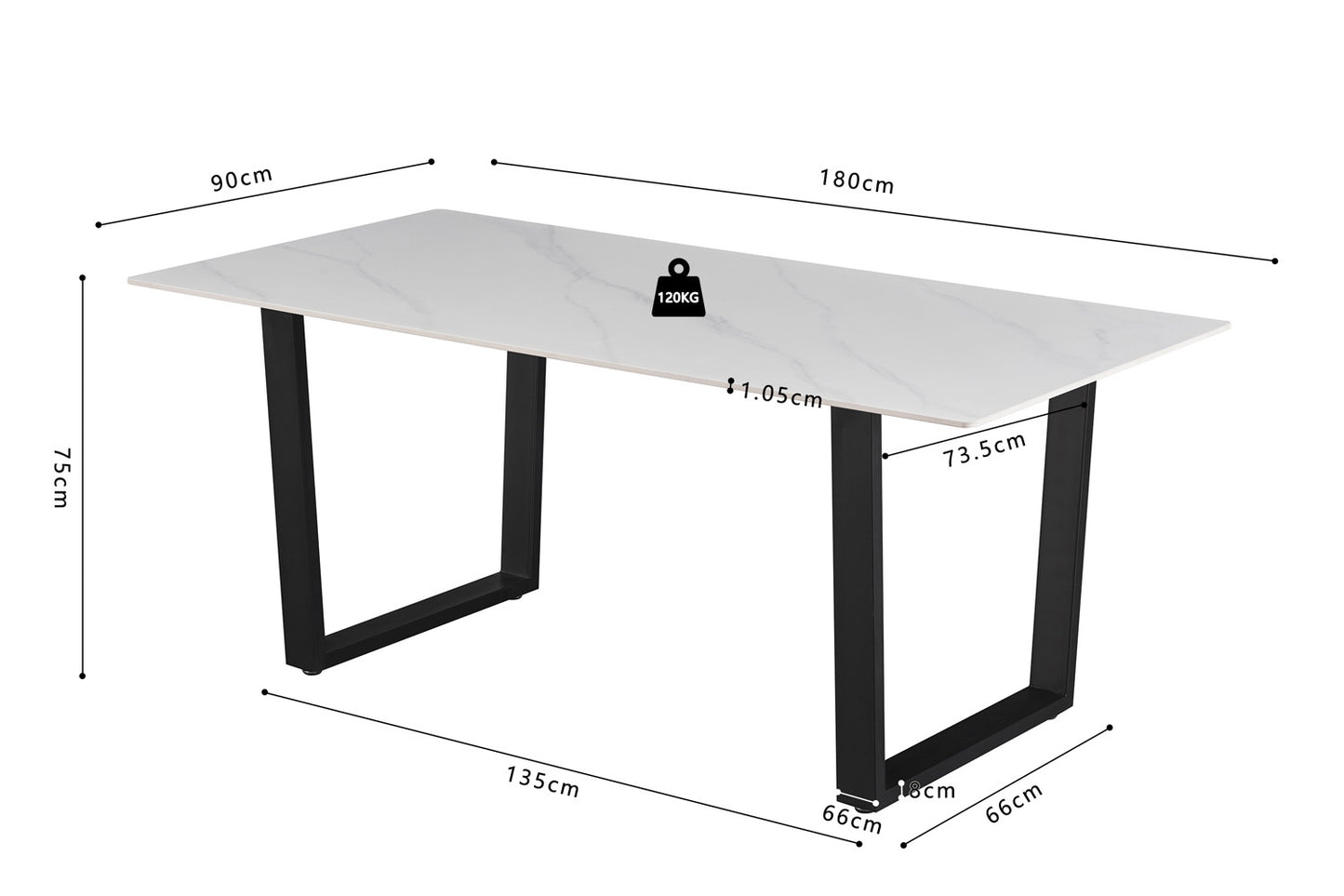 Table à manger Poseidon 180cm Pierre brillante rectangulaire blanc