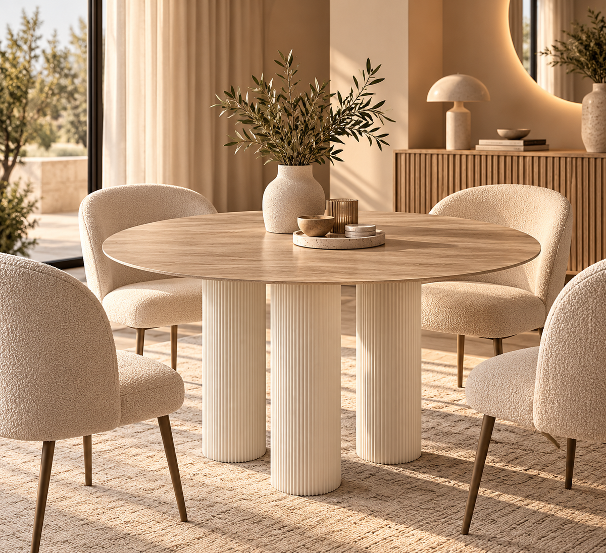 Table Repas Anaïs Pieds métal Beige Plateau Céramique Travertin 120 Cm