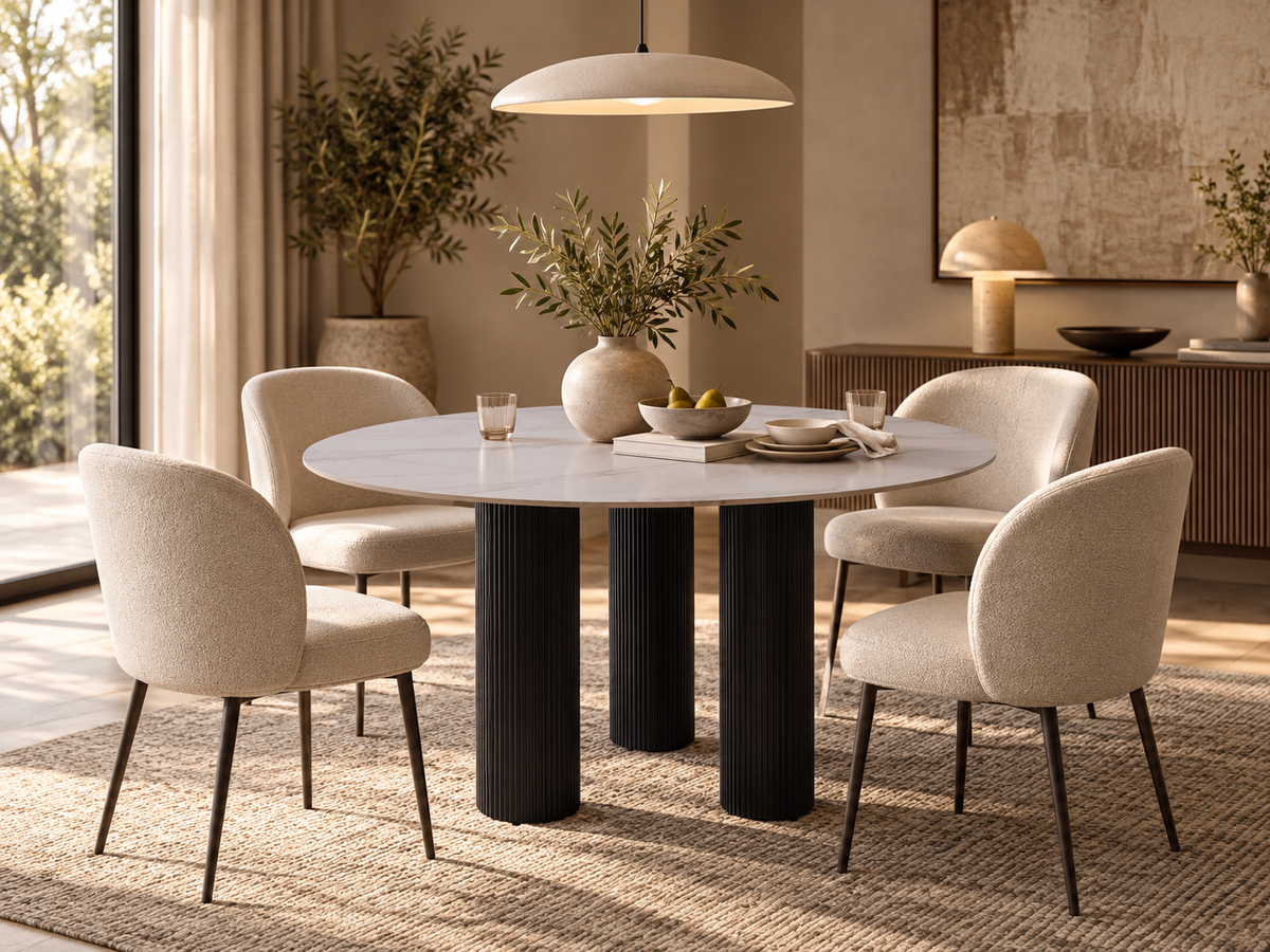 Table Repas Anaïs Pieds Noir Plateau Céramique Marbre Blanc 120Cm