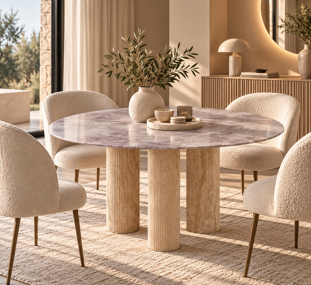 Table Repas Anaïs Pieds métal Travertin Plateau Céramique Marbre Gris 120 Cm