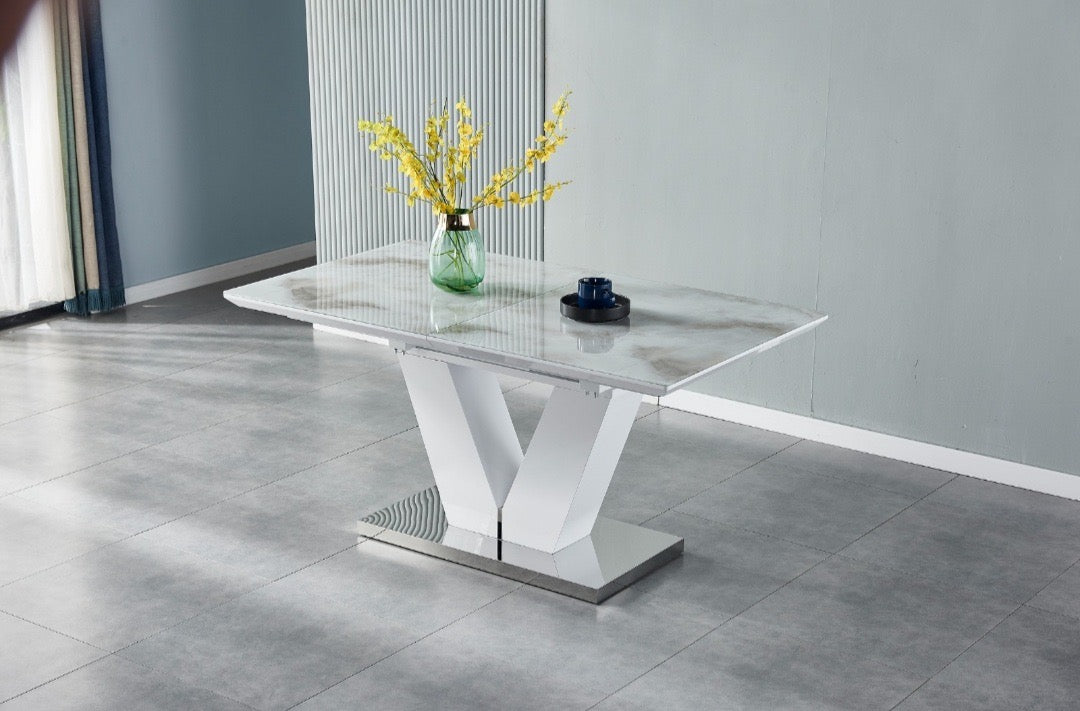 Table à manger V à rallonge marbre beige pied doré 160-200cm