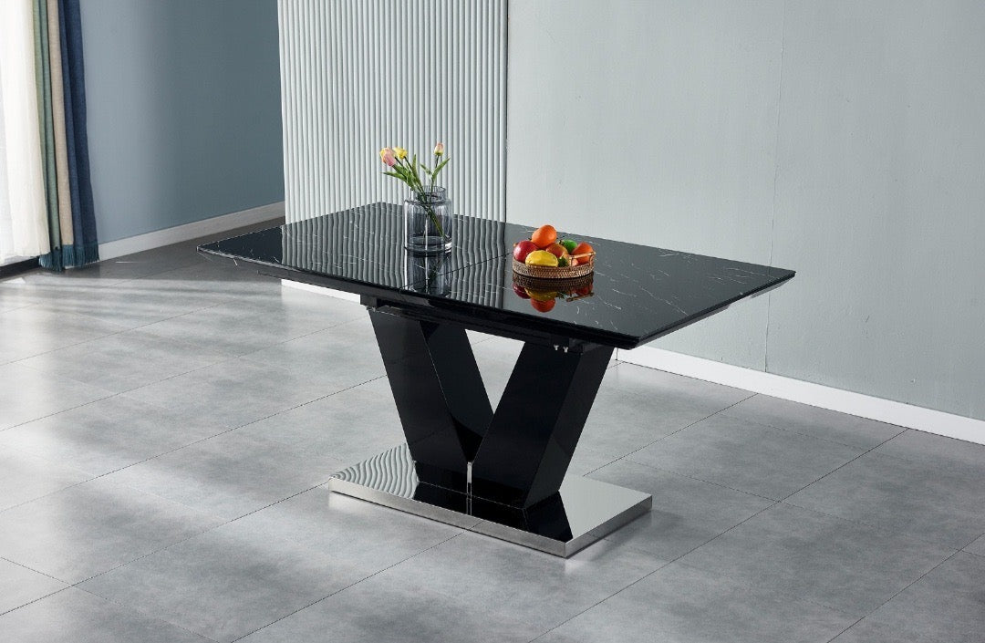 Table à manger V à rallonge marbre beige pied chrome 160-200cm