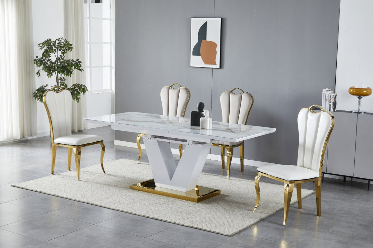 Table à manger V à rallonge marbre beige pied doré 160-200cm