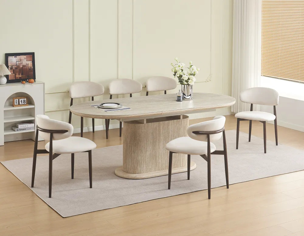 Table Repas Extensible Loka Pied Mdf Effet Travertin Plateau Céramique Travertin Mat 160/200X90X75Cm