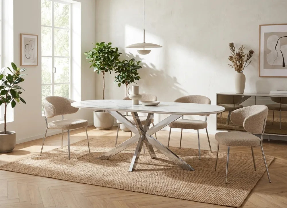 Table Repas Manon Pied chromé Plateau Céramique Marbre Blanc 200X90Cm