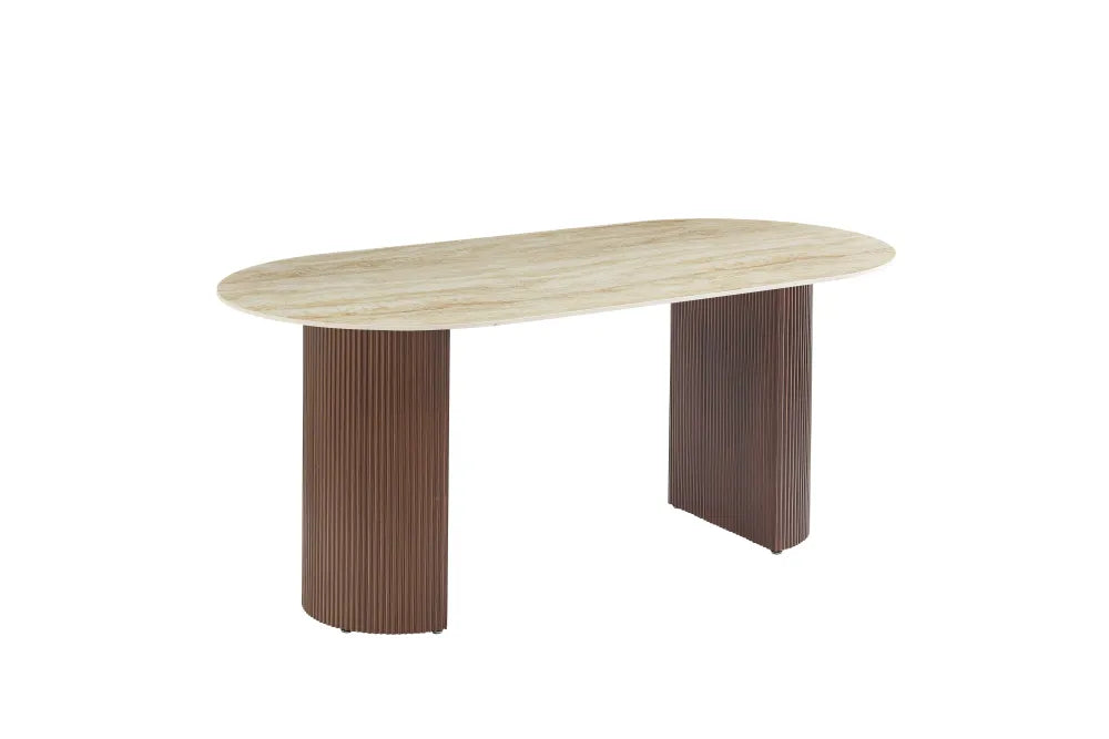 Table à manger Anna Pied métal Effet Noyer Plateau Céramique Travertin Brillant 180X90X75Cm