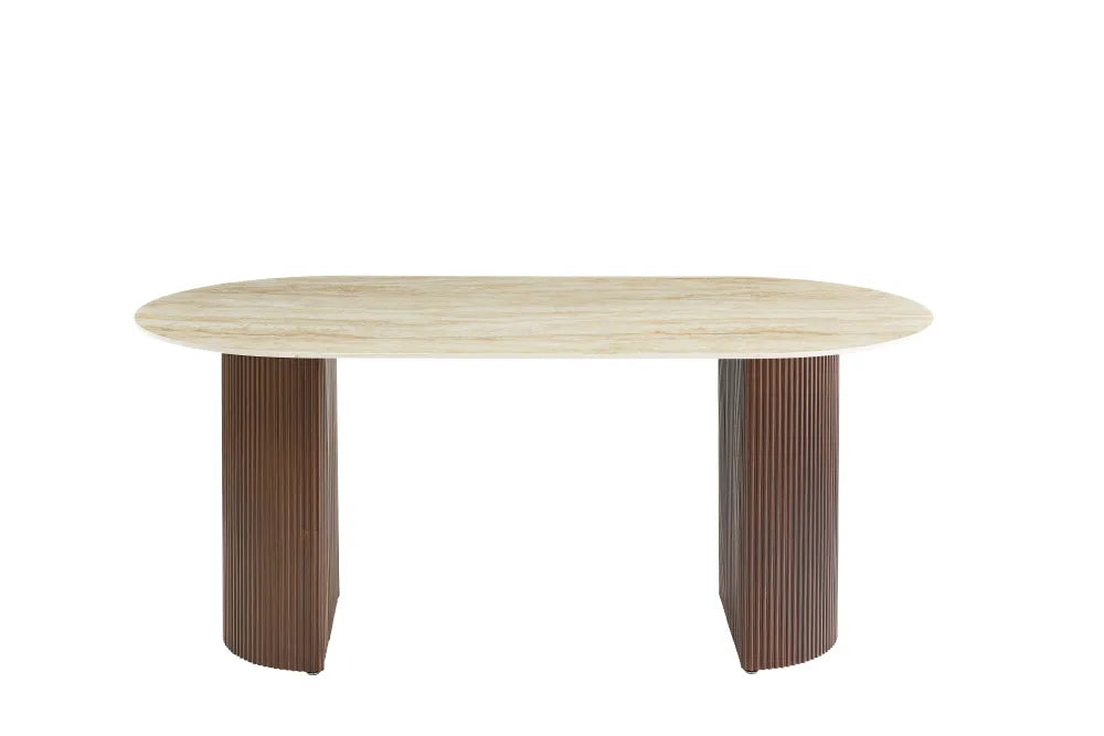 Table à manger Anna Pied métal Effet Noyer Plateau Céramique Travertin Brillant 180X90X75Cm