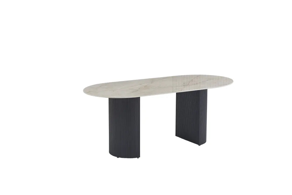 Table à manger Anna Pied métal Noir Plateau Céramique Travertin Brillant 180X90X75Cm