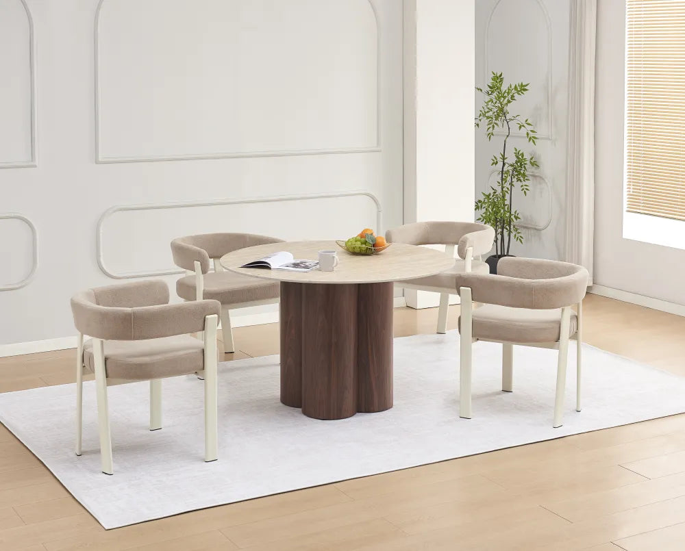 Table à manger Halo Pied Effet Noyer Céramique Travertin Mat 120Cm