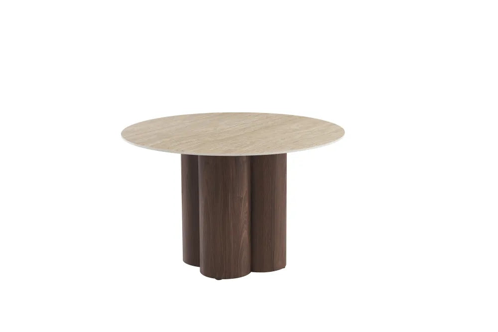 Table à manger Halo Pied Effet Noyer Céramique Travertin Mat 120Cm