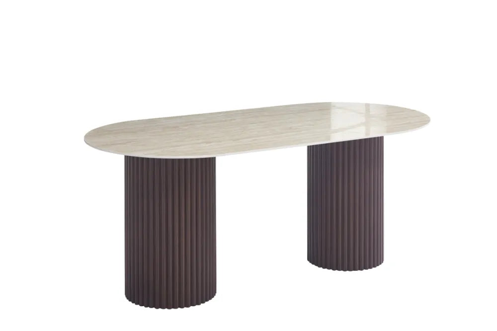 Table à manger Keysha Pied Effet Noyer Plateau Céramique Travertin Brillant 180X90X75 Cm