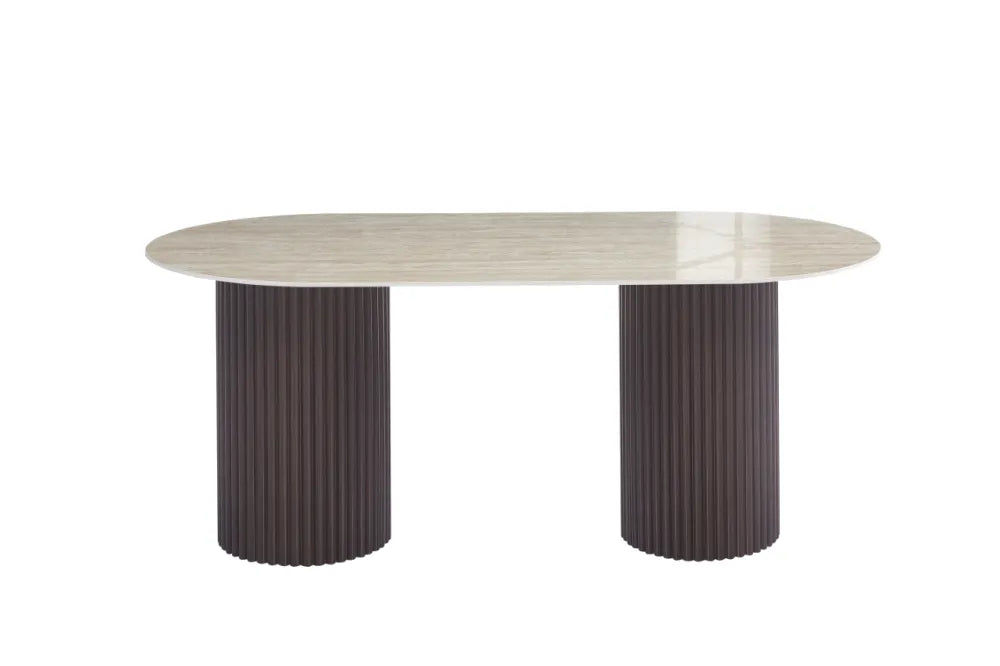 Table à manger Keysha Pied Effet Noyer Plateau Céramique Travertin Brillant 180X90X75 Cm