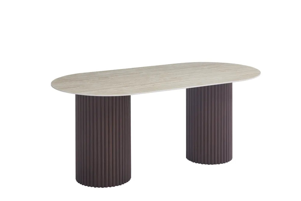 Table à manger Keysha Pied Effet Noyer Plateau Céramique Travertin Mat 180X90X75 Cm