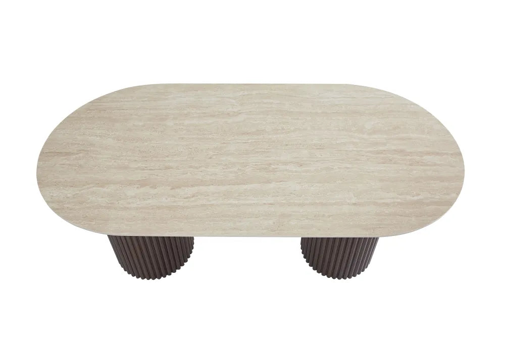 Table à manger Keysha Pied Effet Noyer Plateau Céramique Travertin Mat 180X90X75 Cm