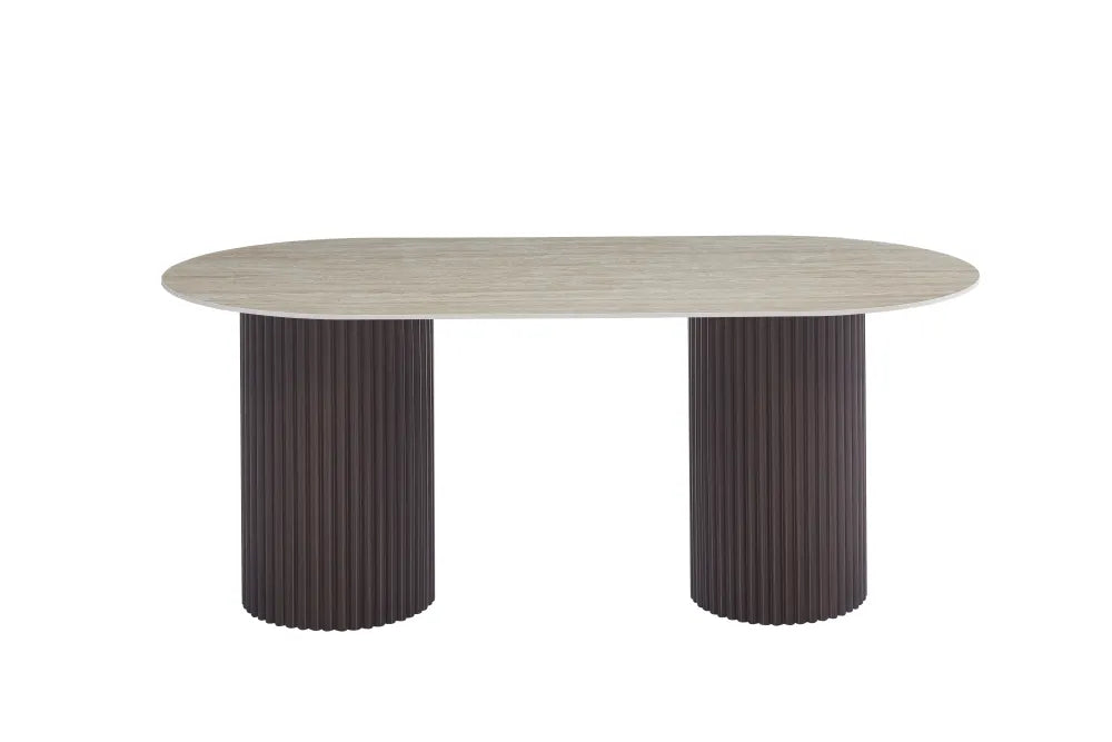 Table à manger Keysha Pied Effet Noyer Plateau Céramique Travertin Mat 180X90X75 Cm