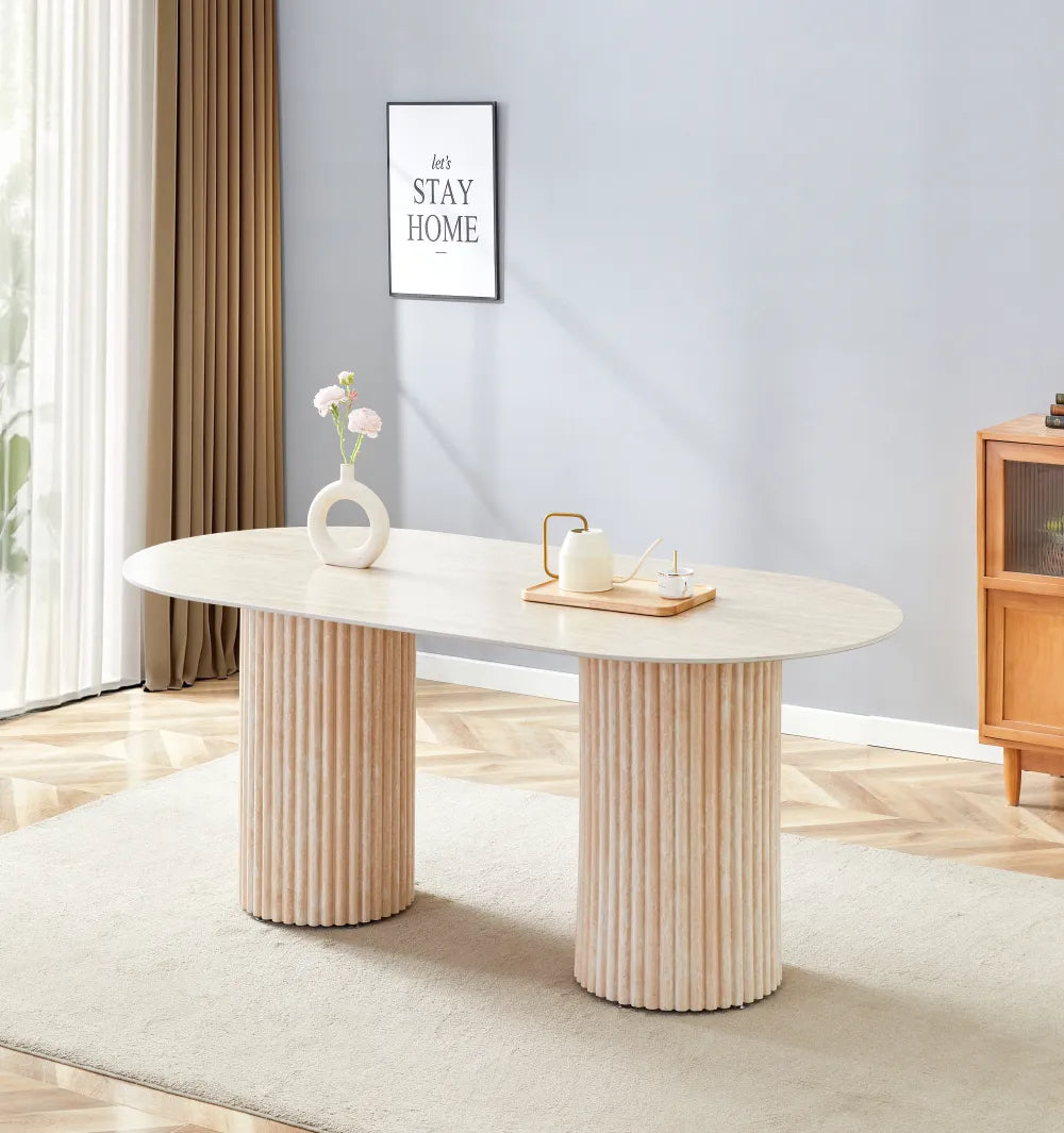 Table à manger Keysha Pied Travertin Plateau Céramique Travertin Mat 160X90X75 Cm
