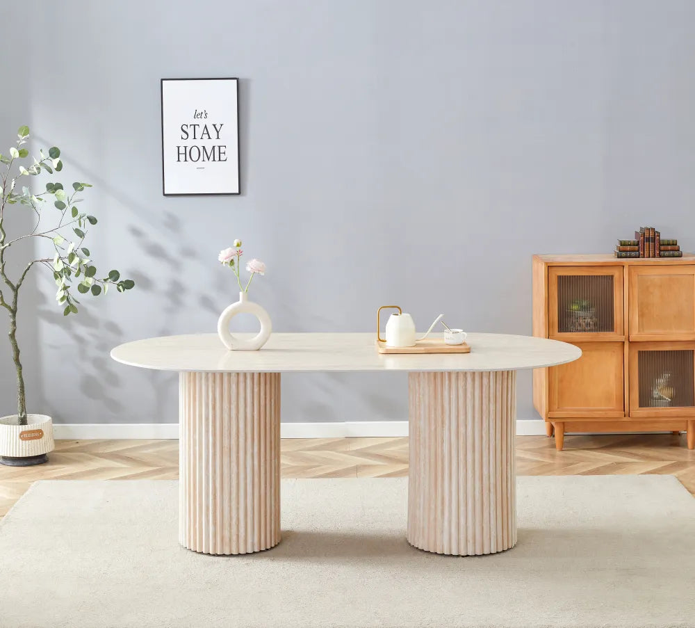 Table à manger Keysha Pied Travertin Plateau Céramique Travertin Mat 160X90X75 Cm