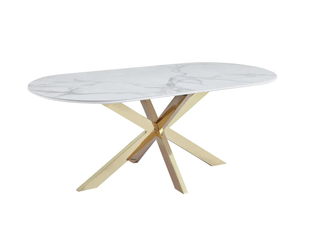 Table Repas Manon Pied doré Plateau Céramique Marbre Blanc 200X90Cm