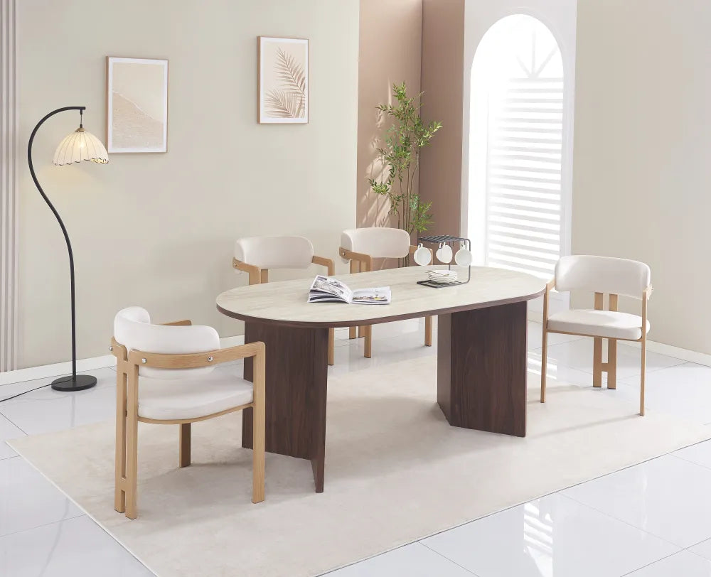 Table à manger Page Pied Mdf Effet Noyer Plateau Céramique Travertin 180X90X75Cm