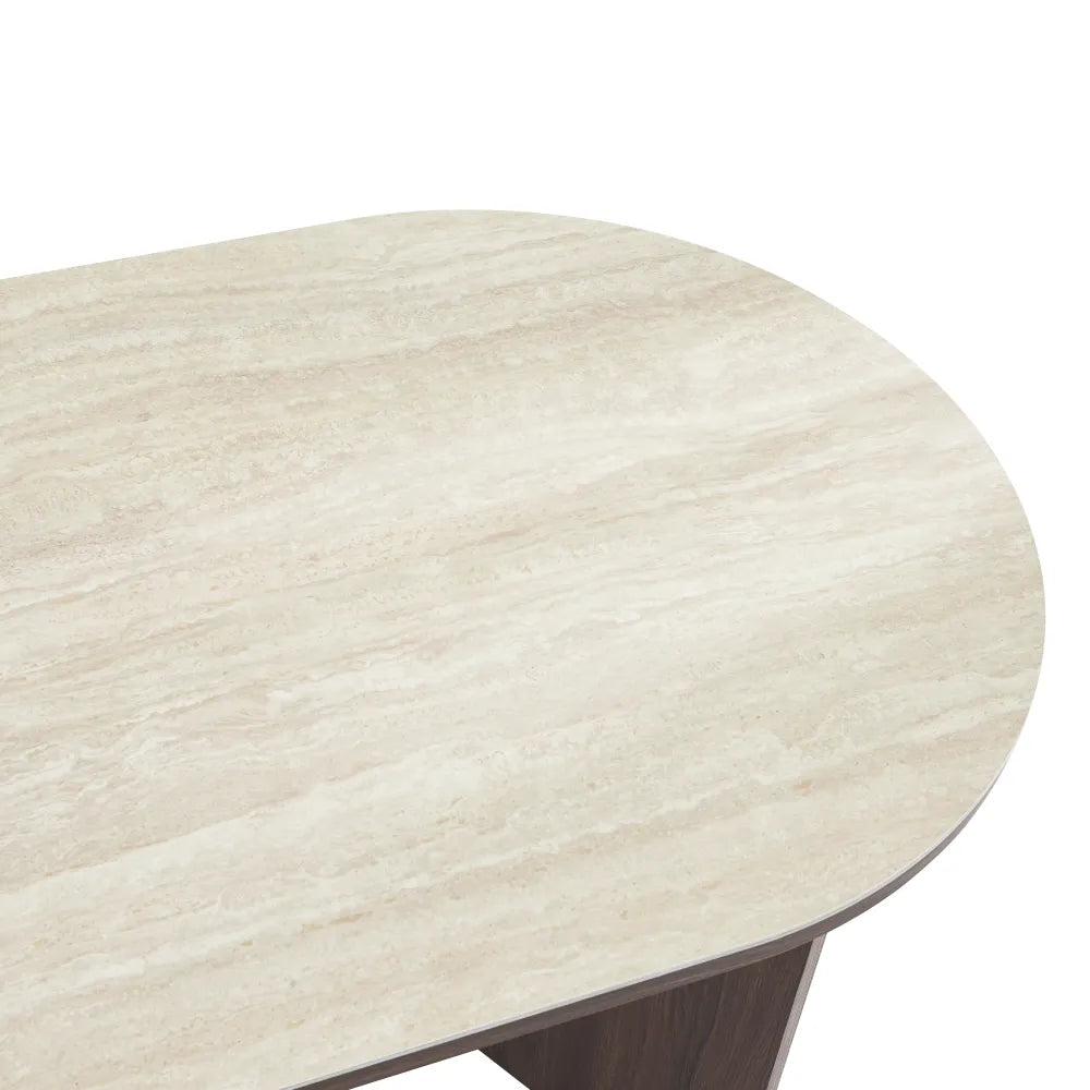 Table à manger Page Pied Mdf Effet Noyer Plateau Céramique Travertin 180X90X75Cm