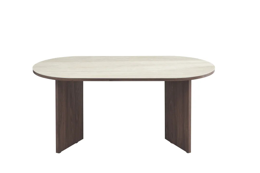 Table à manger Page Pied Mdf Effet Noyer Plateau Céramique Travertin 180X90X75Cm